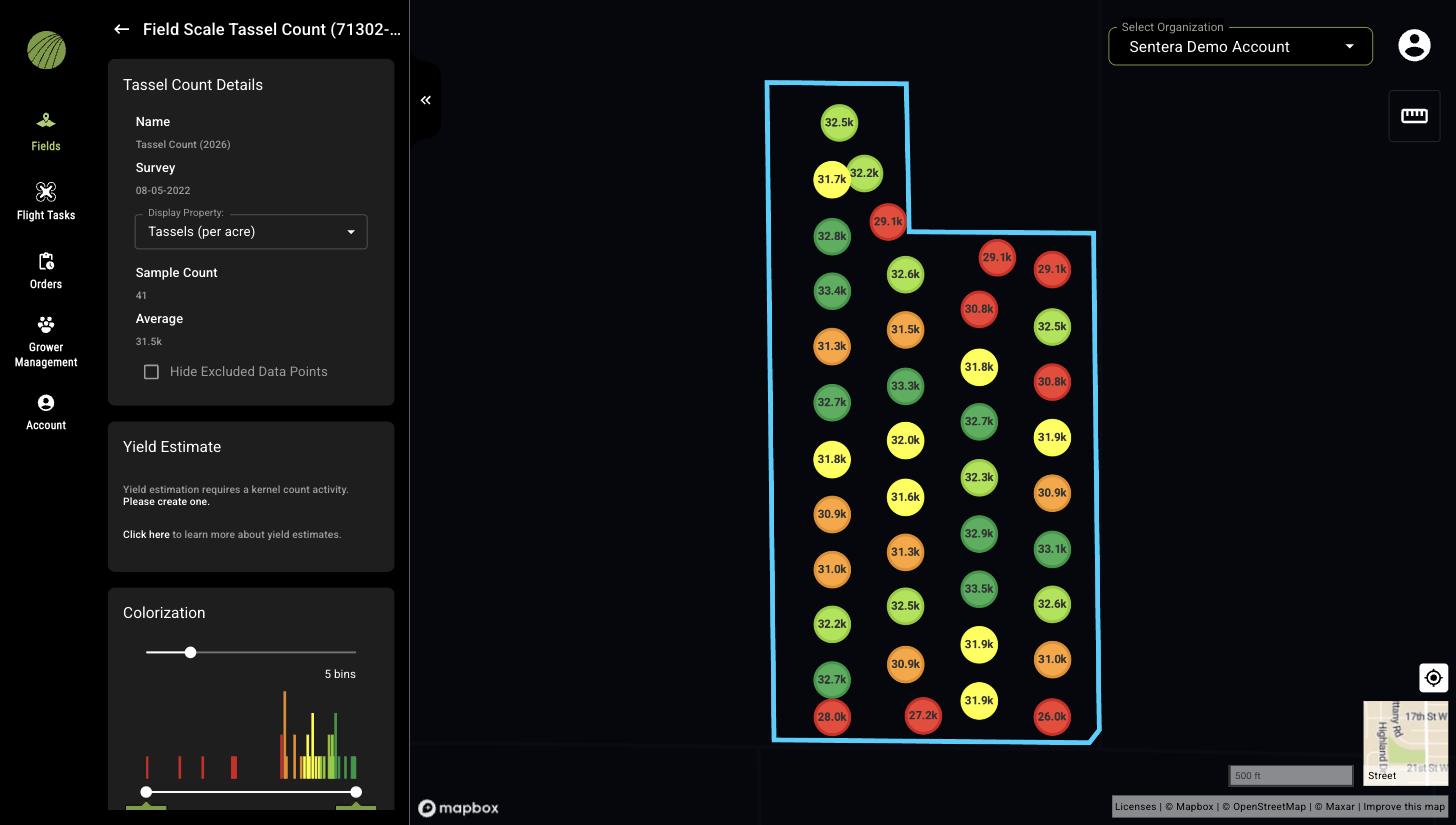 The Tassel Count layer: colored dots labeled with tassels per acre across the field, the Tassel Count Details panel with Display Property Tassels (per acre), Sample Count 41 and Average 31.5k, the Yield Estimate section asking for a kernel count activity, and the Colorization controls