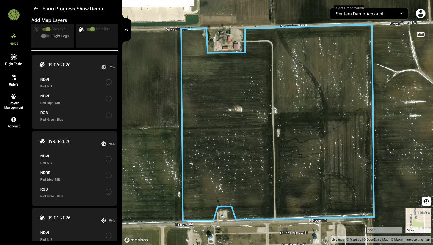 Add Map Layers with the Satellite switch on, listing dates 09-06-2026 at 79 percent and 09-03-2026 at 96 percent, each with NDVI (Red, NIR), NDRE (Red Edge, NIR), and RGB (Red, Green, Blue) layers