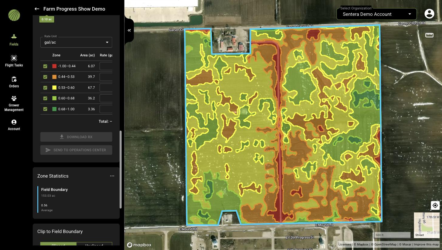 The Zone Rx rate table with five checked zones, their value ranges and areas in acres, empty Rate boxes, a Total line, and the DOWNLOAD RX and SEND TO OPERATIONS CENTER buttons, above the Zone Statistics and Clip to Field Boundary sections