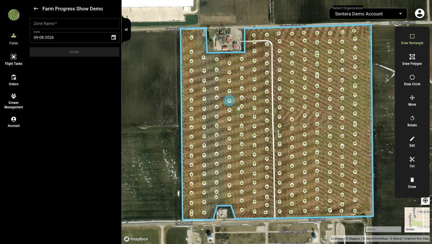 The new zone form with Zone Name and Date fields and a DONE button, with the drawing tools on the right edge of the map and the field's photo dots shown