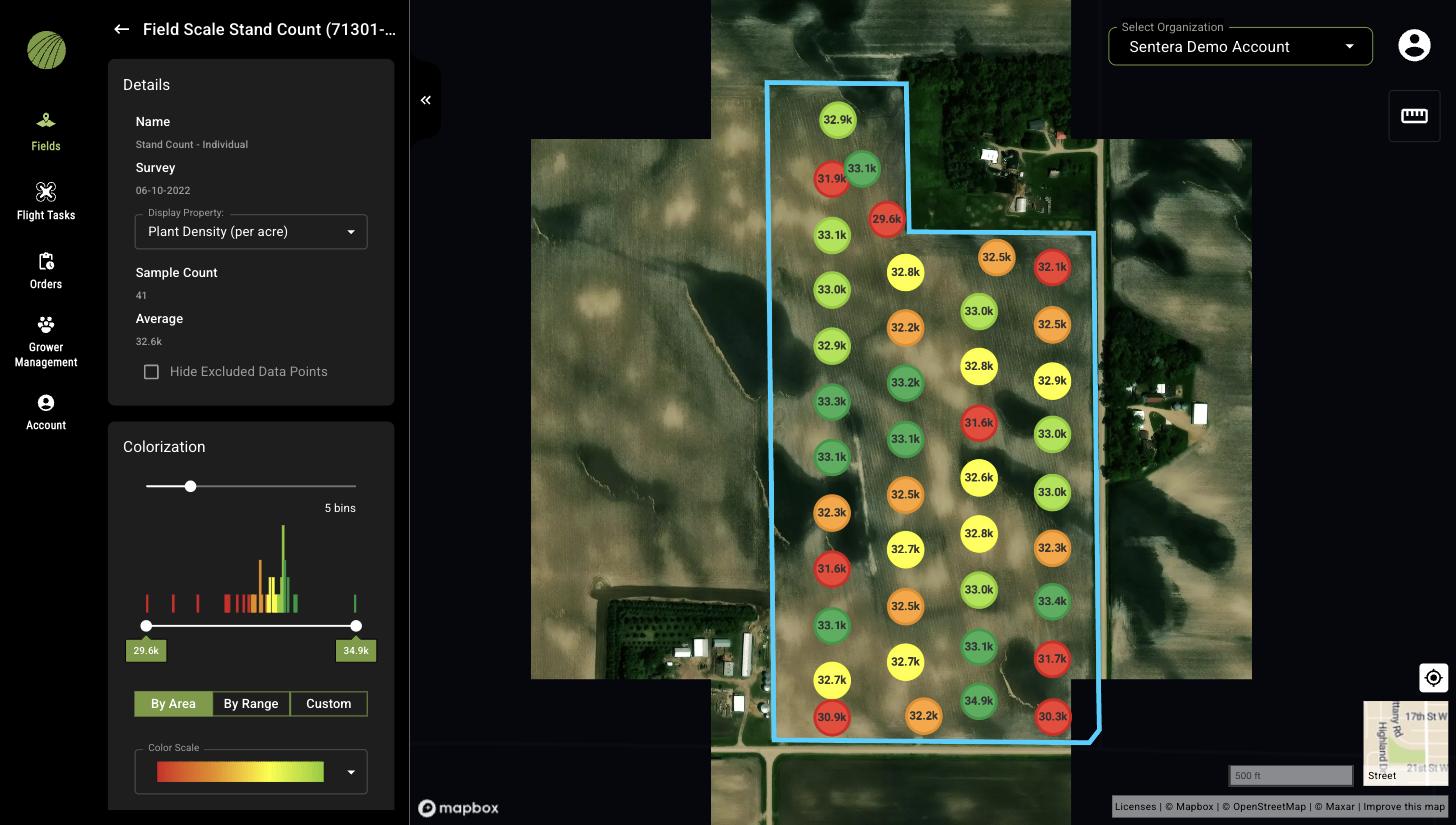 The Stand Count - Individual layer: colored dots labeled with plant density such as 32.9k across the field, and the Details panel showing Display Property Plant Density (per acre), Sample Count 41, Average 32.6k, and the Colorization controls
