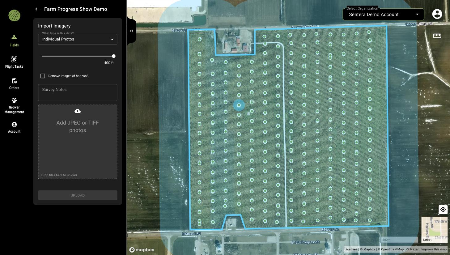 The Import Imagery form set to Individual Photos, with the buffer slider at 400 ft, the Remove images of horizon checkbox, Survey Notes, and the photo drop zone; the map shows the buffer as a shaded band around the field and photo dots inside it