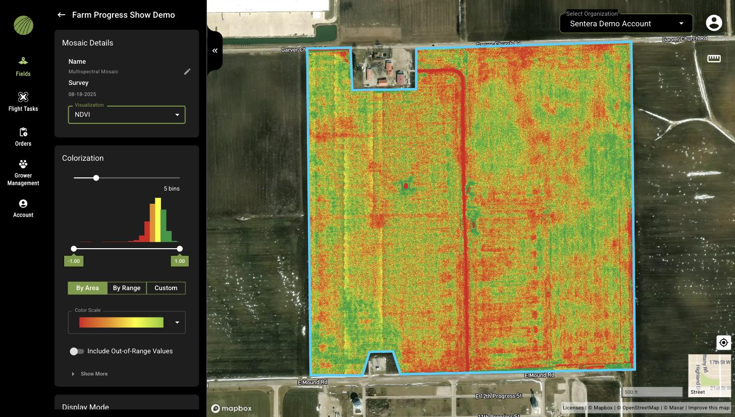 A Multispectral Mosaic shown as NDVI, with the Colorization panel: a 5 bins slider, a histogram colored red to green, range sliders at -1.00 and 1.00, By Area selected, a red-to-green Color Scale, and the Include Out-of-Range Values switch