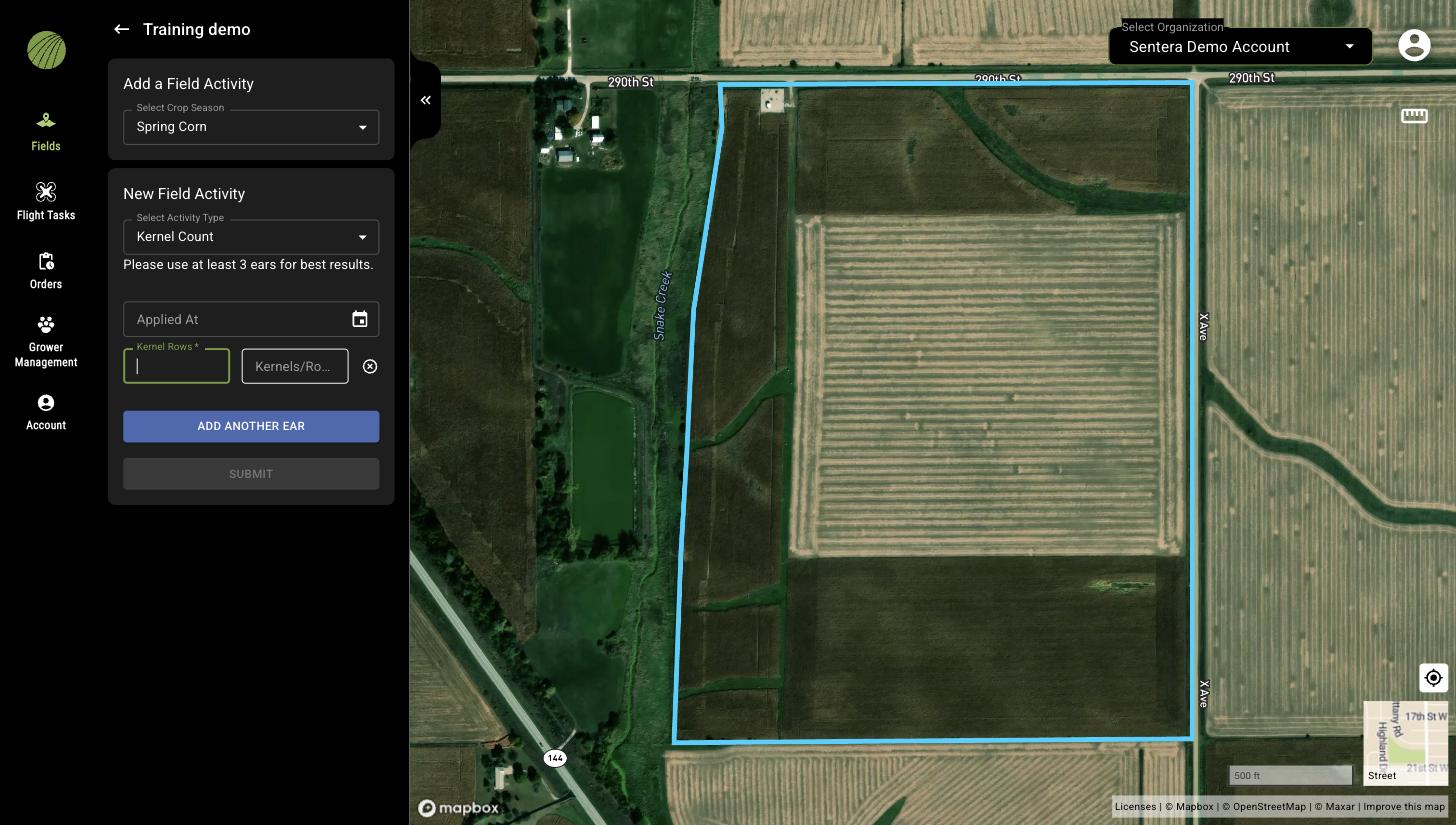 The New Field Activity form with Kernel Count selected, an Applied At date, Kernel Rows and Kernels/Row fields for one ear, and the ADD ANOTHER EAR button