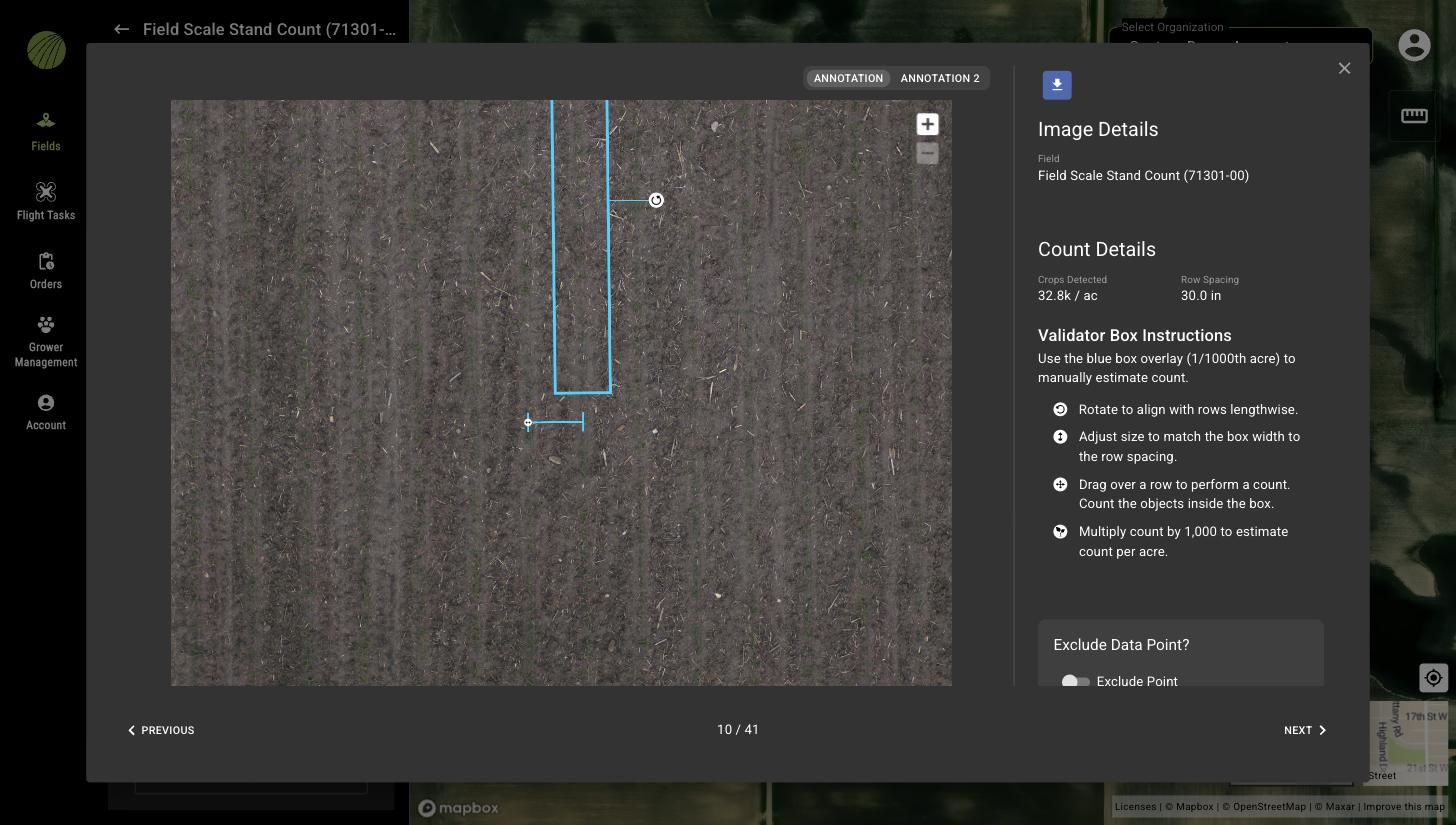 A stand count sample photo with a blue validator box over one row, ANNOTATION and ANNOTATION 2 buttons, Count Details showing Crops Detected 32.8k per acre and Row Spacing 30.0 in, the Validator Box Instructions, and an Exclude Point switch