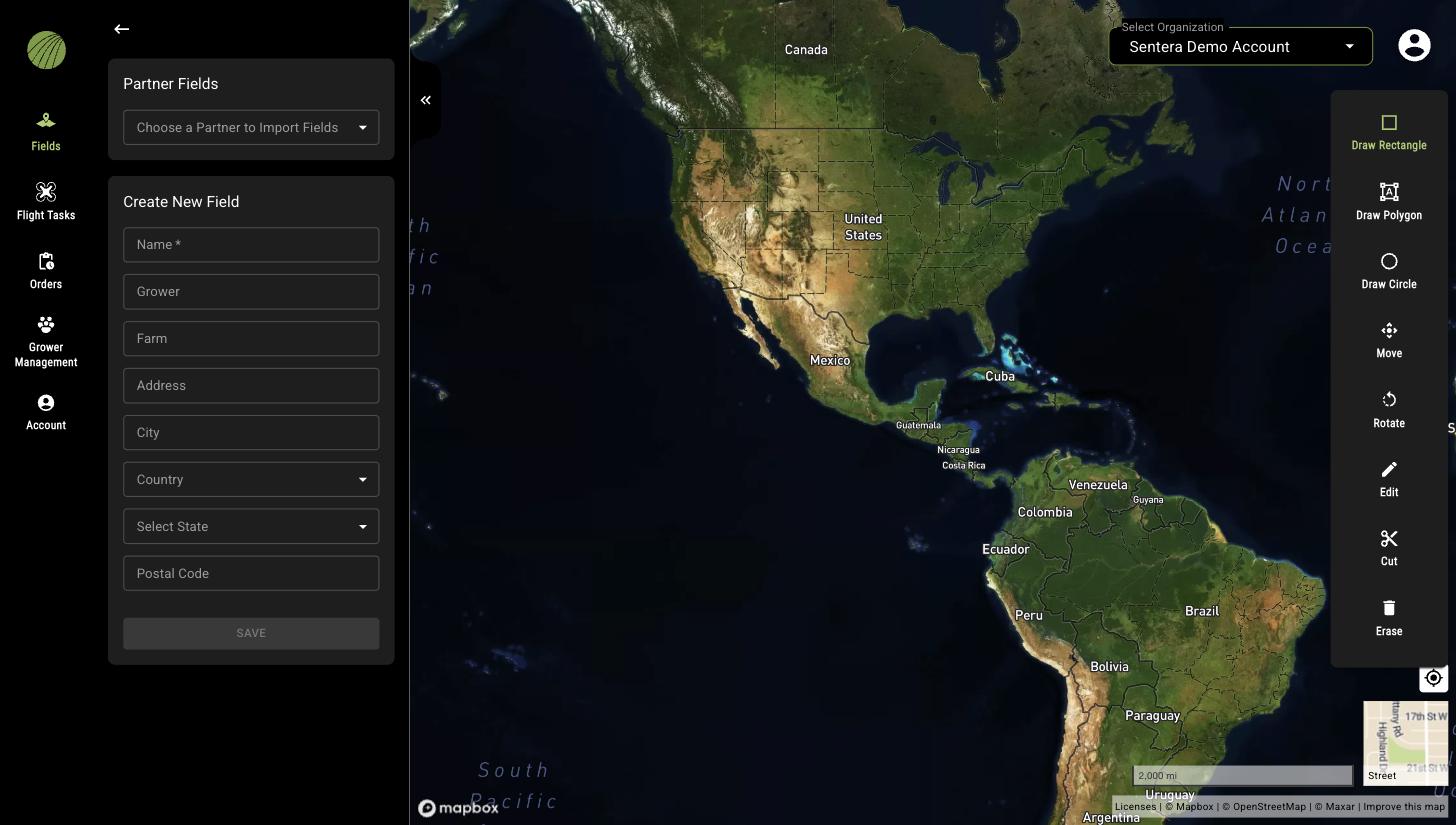 The Create New Field form on the left and the drawing tools (Draw Rectangle, Draw Polygon, Draw Circle, Move, Rotate, Edit, Cut, Erase) on the right edge of the map