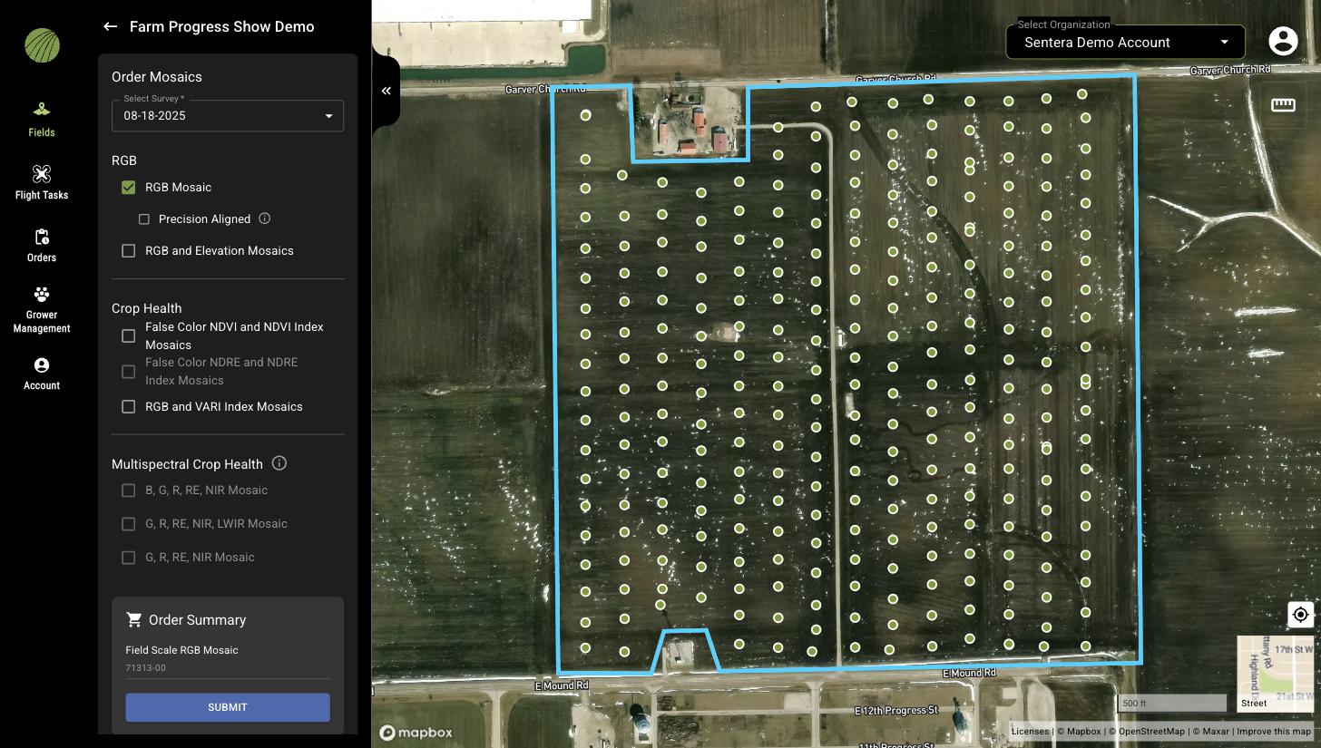 The Order Mosaics panel with a survey selected: RGB Mosaic checked with a Precision Aligned option, RGB and Elevation Mosaics, the Crop Health products, the Multispectral Crop Health products, and the Order Summary showing Field Scale RGB Mosaic 71313-00