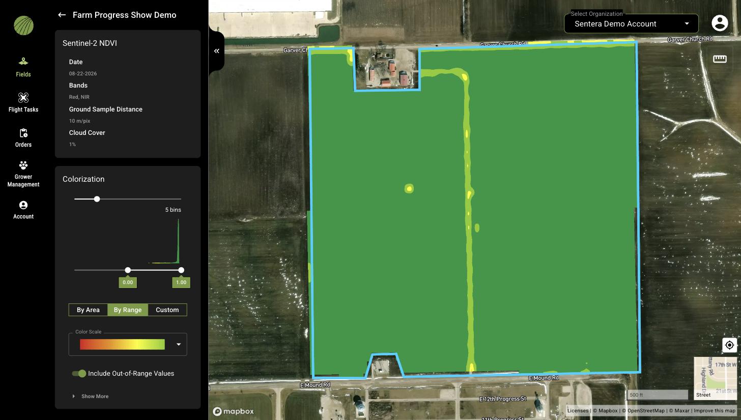 A Sentinel-2 NDVI layer over the field with the details panel showing Date 08-22-2026, Bands Red and NIR, Ground Sample Distance 10 m/pix, Cloud Cover 1 percent, and the Colorization panel set to By Range
