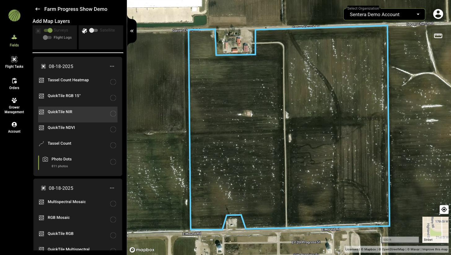 The Add Map Layers panel with the Surveys switch on, showing two surveys dated 08-18-2025 with Tassel Count Heatmap, QuickTile RGB, QuickTile NIR, QuickTile NDVI, Tassel Count, Photo Dots, Multispectral Mosaic, and RGB Mosaic layers