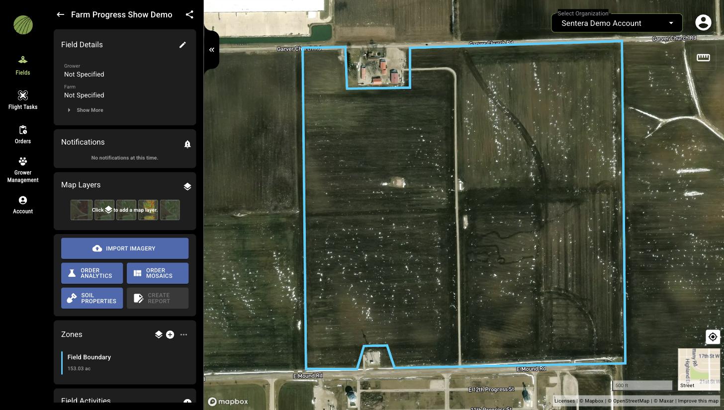 The field view for a field with the Field Details, Notifications, Map Layers, and Zones cards and the six action buttons