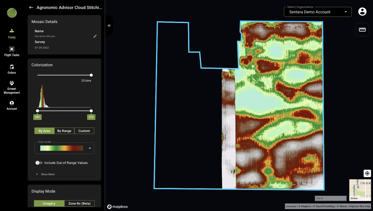 An Elevation Mosaic colorized in 20 bins from light green through orange to brown, with the Colorization panel showing the histogram and the range 287 to 313, and the Display Mode selector