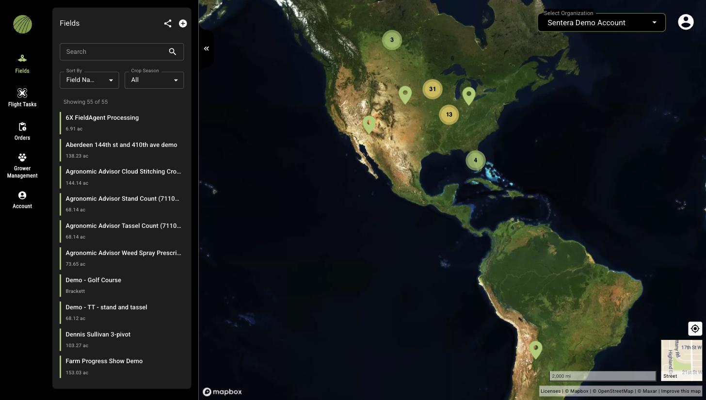 FieldAgent Web with the Fields panel open and a map of North America showing clustered field markers